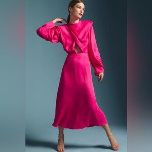 Farm Rio Anthropologie Hot Pink Shoulder Pads Key Hole Open Back Dress Size M